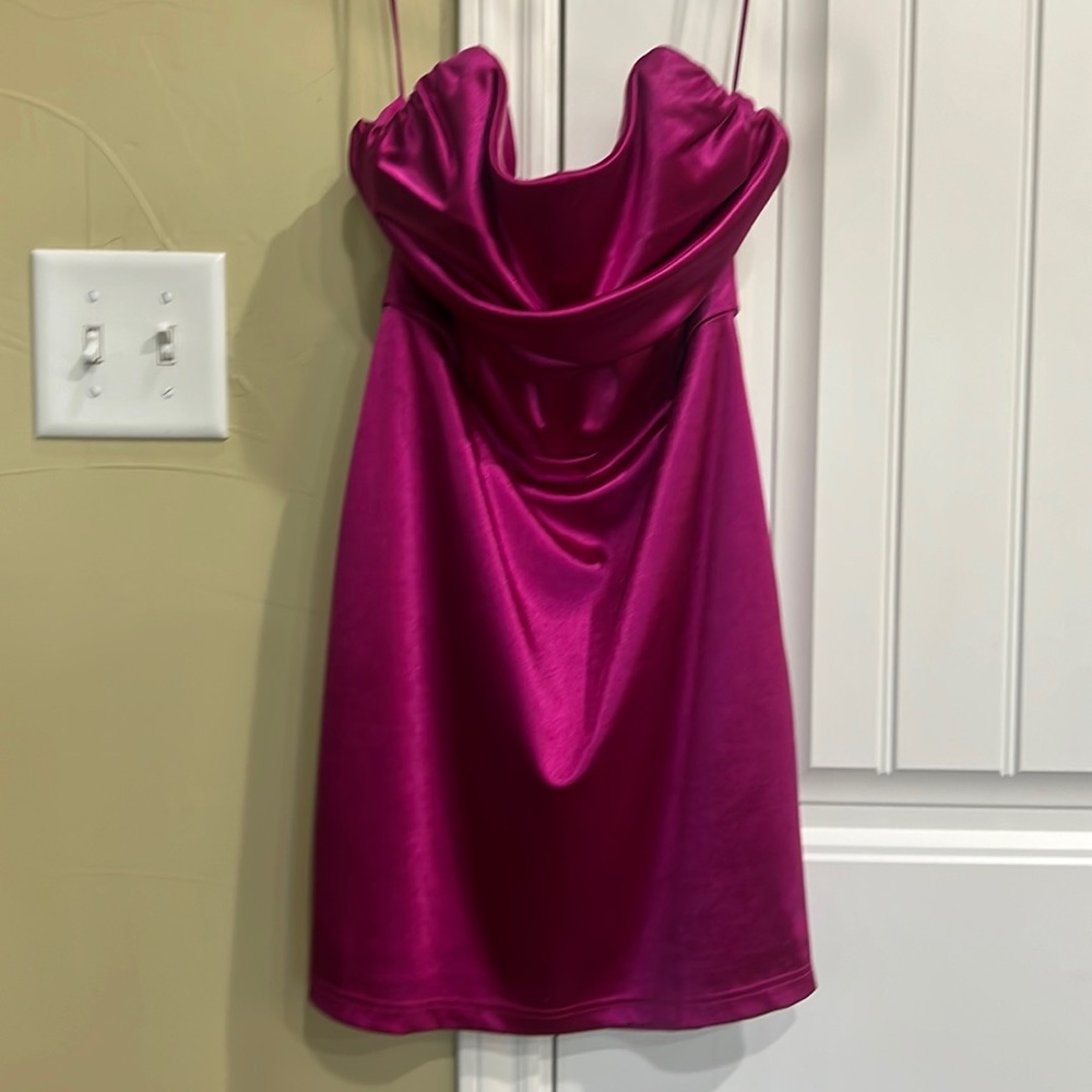 Fuschia satin mini dress.